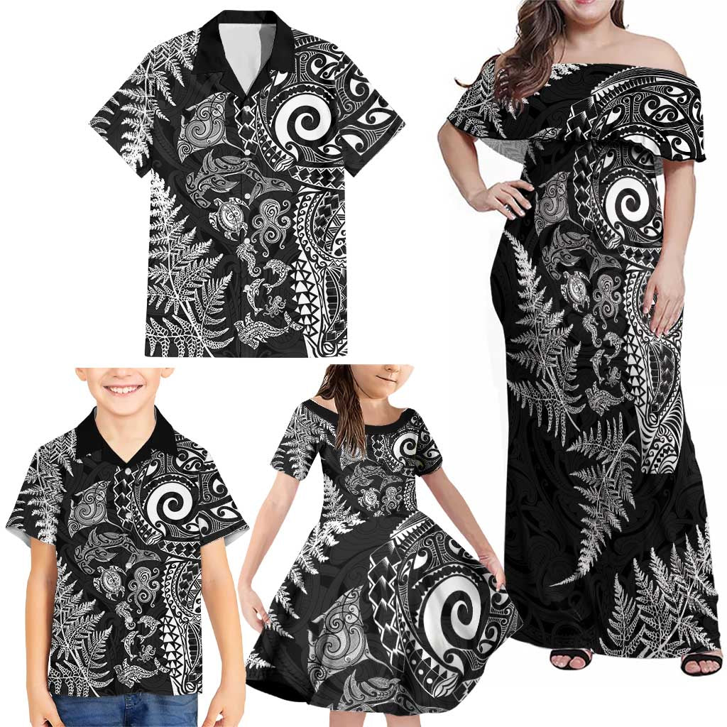 New Zealand Sea Animals Family Matching Off Shoulder Maxi Dress and Hawaiian Shirt with Maori Koru Tribal Tattoo and Silver Ferns Black Color LT03 - Polynesian Pride