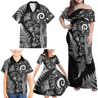 New Zealand Sea Animals Family Matching Off Shoulder Maxi Dress and Hawaiian Shirt with Maori Koru Tribal Tattoo and Silver Ferns Black Color LT03 - Polynesian Pride