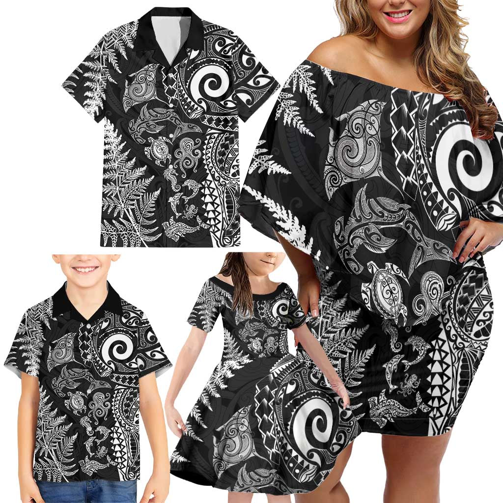 New Zealand Sea Animals Family Matching Off Shoulder Short Dress and Hawaiian Shirt with Maori Koru Tribal Tattoo and Silver Ferns Black Color LT03 - Polynesian Pride
