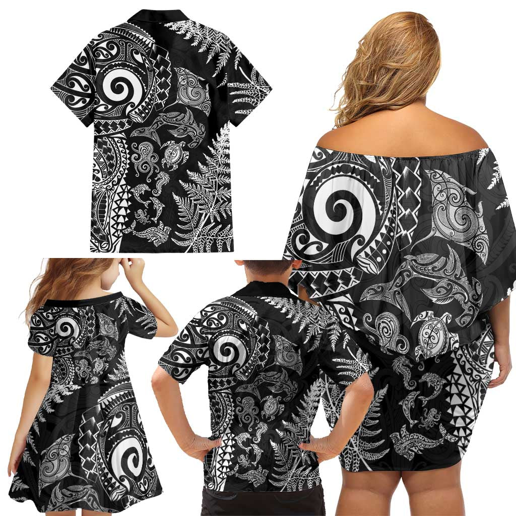 New Zealand Sea Animals Family Matching Off Shoulder Short Dress and Hawaiian Shirt with Maori Koru Tribal Tattoo and Silver Ferns Black Color LT03 - Polynesian Pride