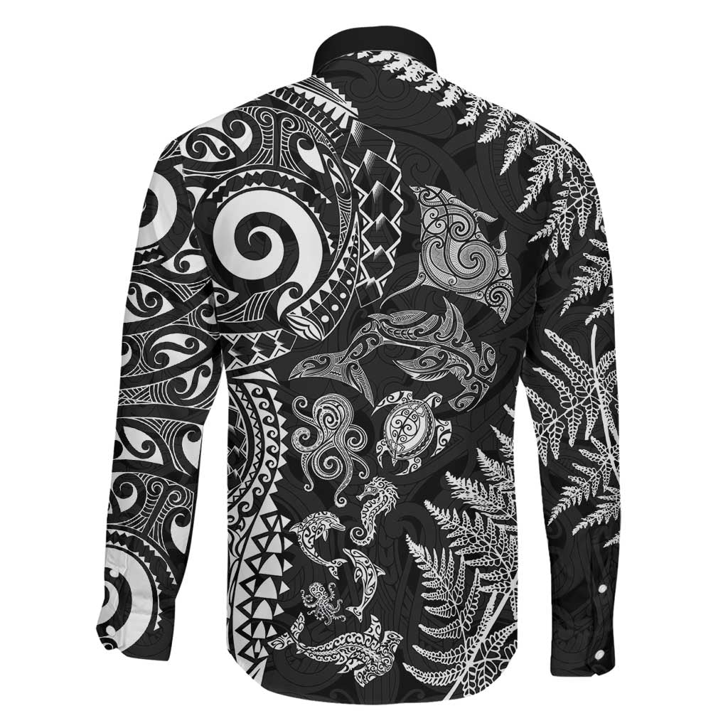 New Zealand Sea Animals Family Matching Off Shoulder Short Dress and Hawaiian Shirt with Maori Koru Tribal Tattoo and Silver Ferns Black Color LT03 - Polynesian Pride