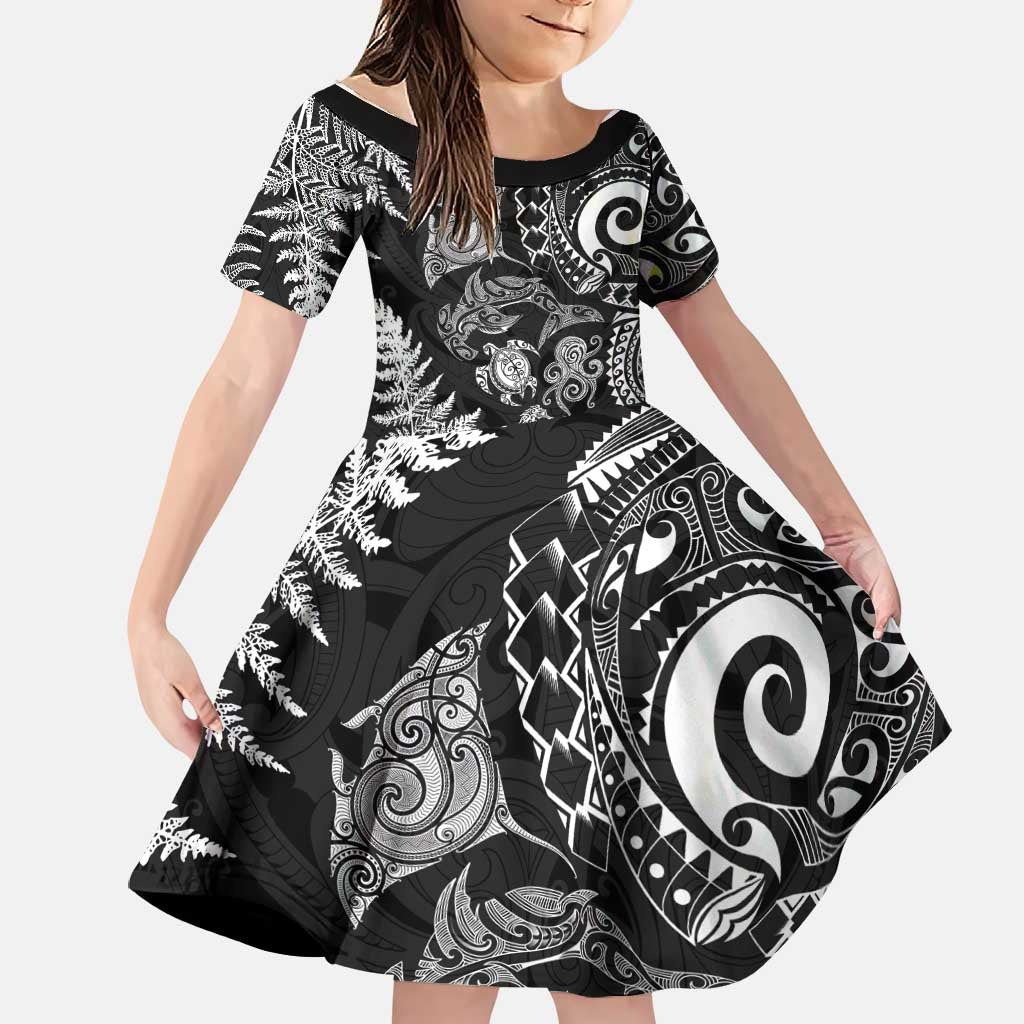New Zealand Sea Animals Family Matching Puletasi and Hawaiian Shirt with Maori Koru Tribal Tattoo and Silver Ferns Black Color LT03 Daughter's Dress Black - Polynesian Pride