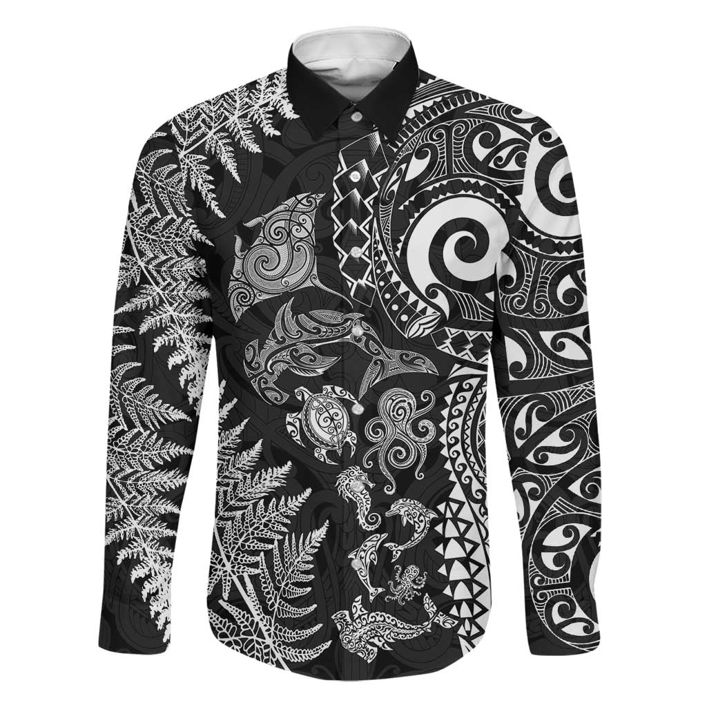New Zealand Sea Animals Family Matching Puletasi and Hawaiian Shirt with Maori Koru Tribal Tattoo and Silver Ferns Black Color LT03 Dad's Shirt - Long Sleeve Black - Polynesian Pride