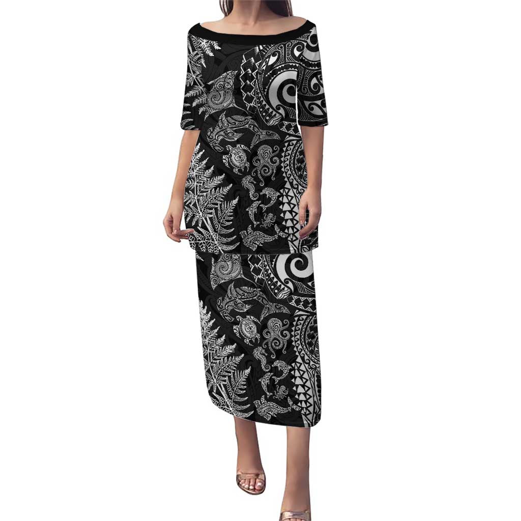 New Zealand Sea Animals Family Matching Puletasi and Hawaiian Shirt with Maori Koru Tribal Tattoo and Silver Ferns Black Color LT03 Mom's Dress Black - Polynesian Pride