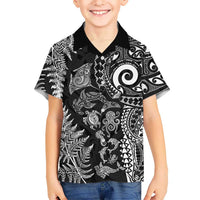 New Zealand Sea Animals Family Matching Puletasi and Hawaiian Shirt with Maori Koru Tribal Tattoo and Silver Ferns Black Color LT03 Son's Shirt Black - Polynesian Pride