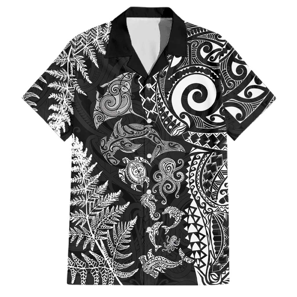 New Zealand Sea Animals Family Matching Short Sleeve Bodycon Dress and Hawaiian Shirt with Maori Koru Tribal Tattoo and Silver Ferns Black Color LT03 Dad's Shirt - Short Sleeve Black - Polynesian Pride
