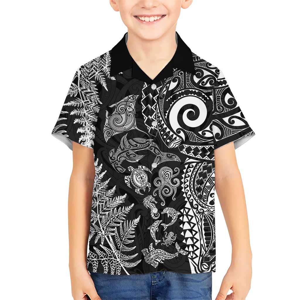 New Zealand Sea Animals Family Matching Summer Maxi Dress and Hawaiian Shirt with Maori Koru Tribal Tattoo and Silver Ferns Black Color LT03 Son's Shirt Black - Polynesian Pride