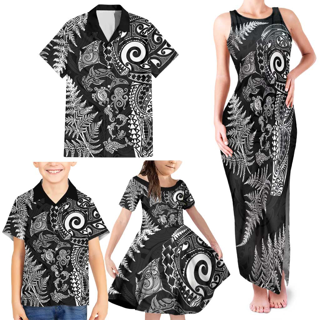 New Zealand Sea Animals Family Matching Tank Maxi Dress and Hawaiian Shirt with Maori Koru Tribal Tattoo and Silver Ferns Black Color LT03 - Polynesian Pride