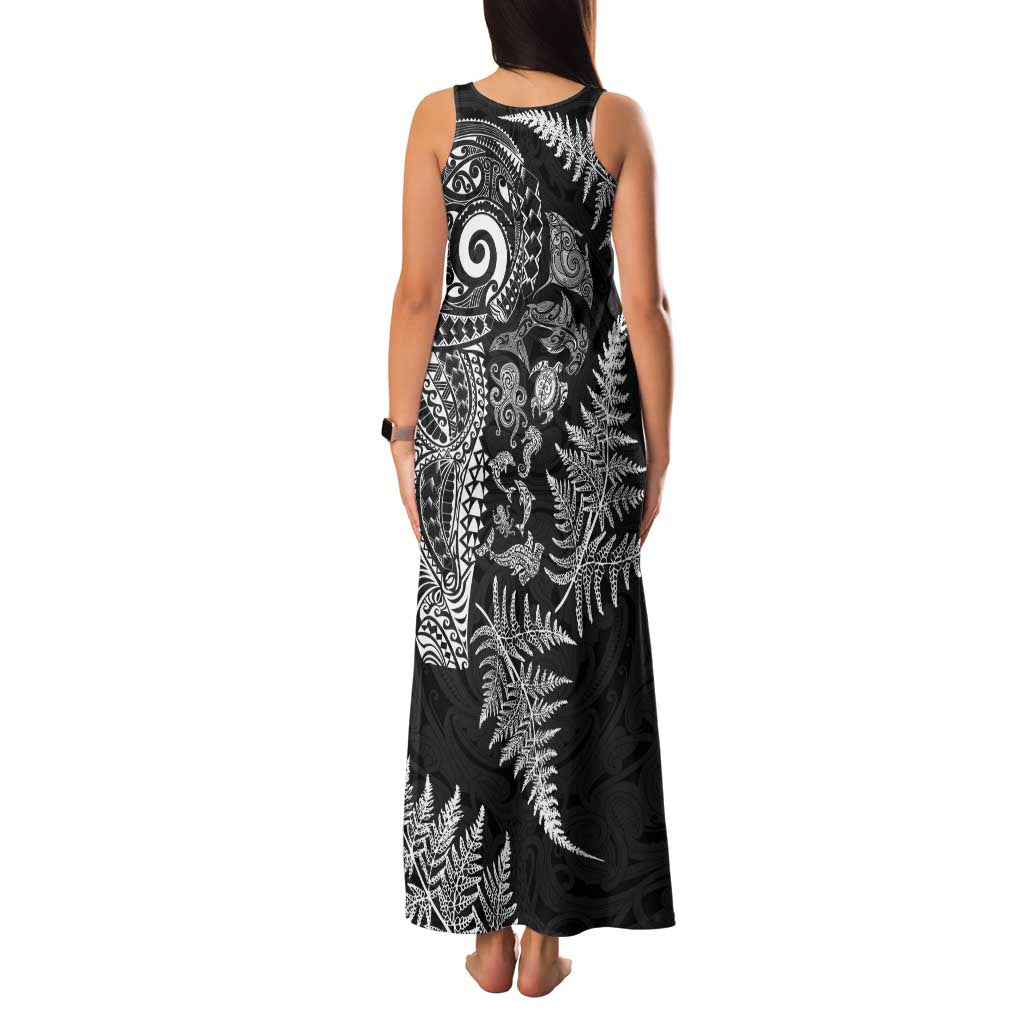 New Zealand Sea Animals Family Matching Tank Maxi Dress and Hawaiian Shirt with Maori Koru Tribal Tattoo and Silver Ferns Black Color LT03 - Polynesian Pride