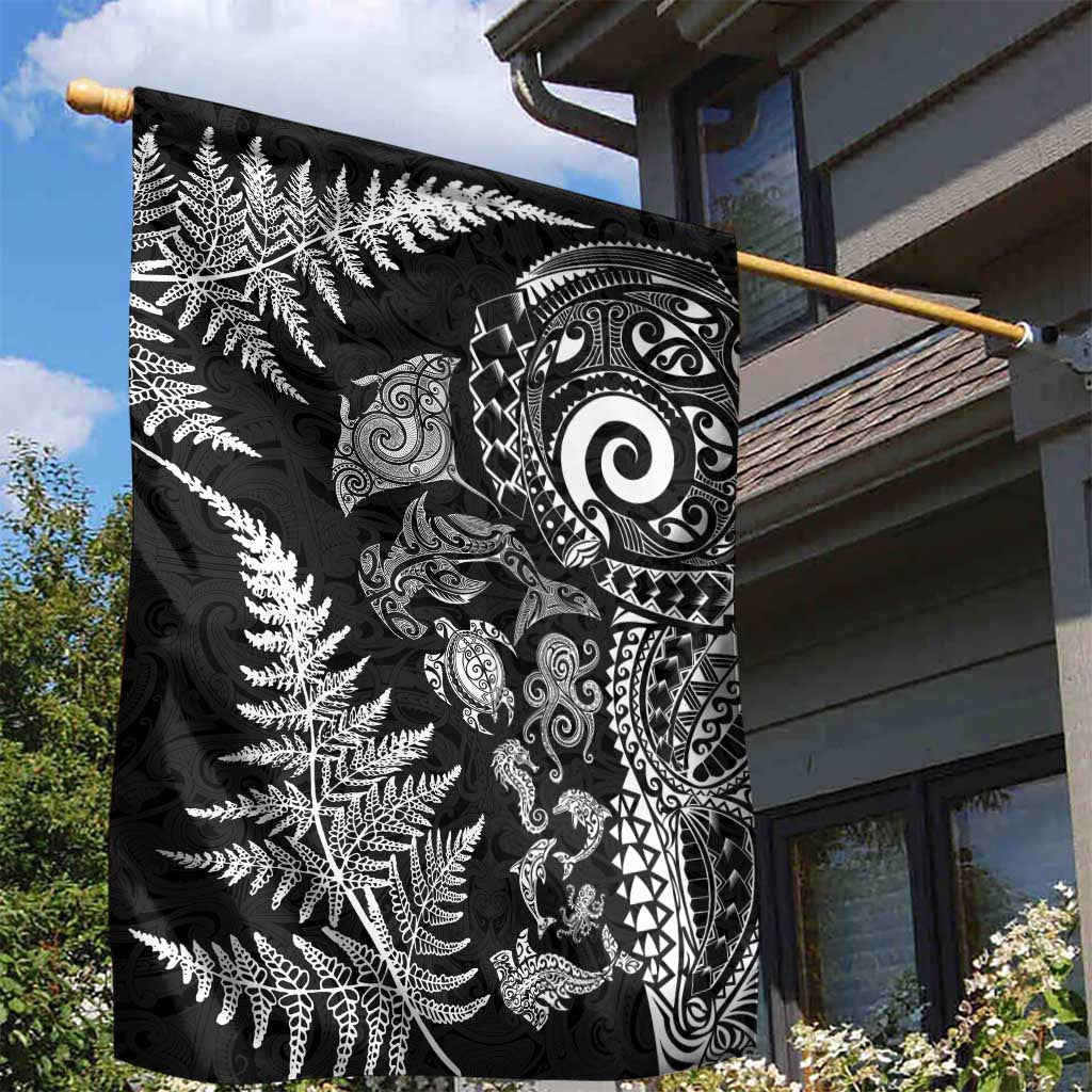 New Zealand Sea Animals Garden Flag with Maori Koru Tribal Tattoo and Silver Ferns Black Color LT03 - Polynesian Pride