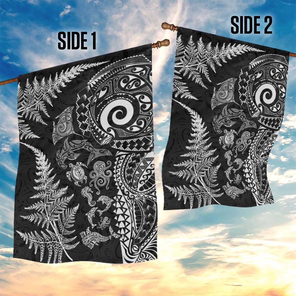 New Zealand Sea Animals Garden Flag with Maori Koru Tribal Tattoo and Silver Ferns Black Color LT03 - Polynesian Pride