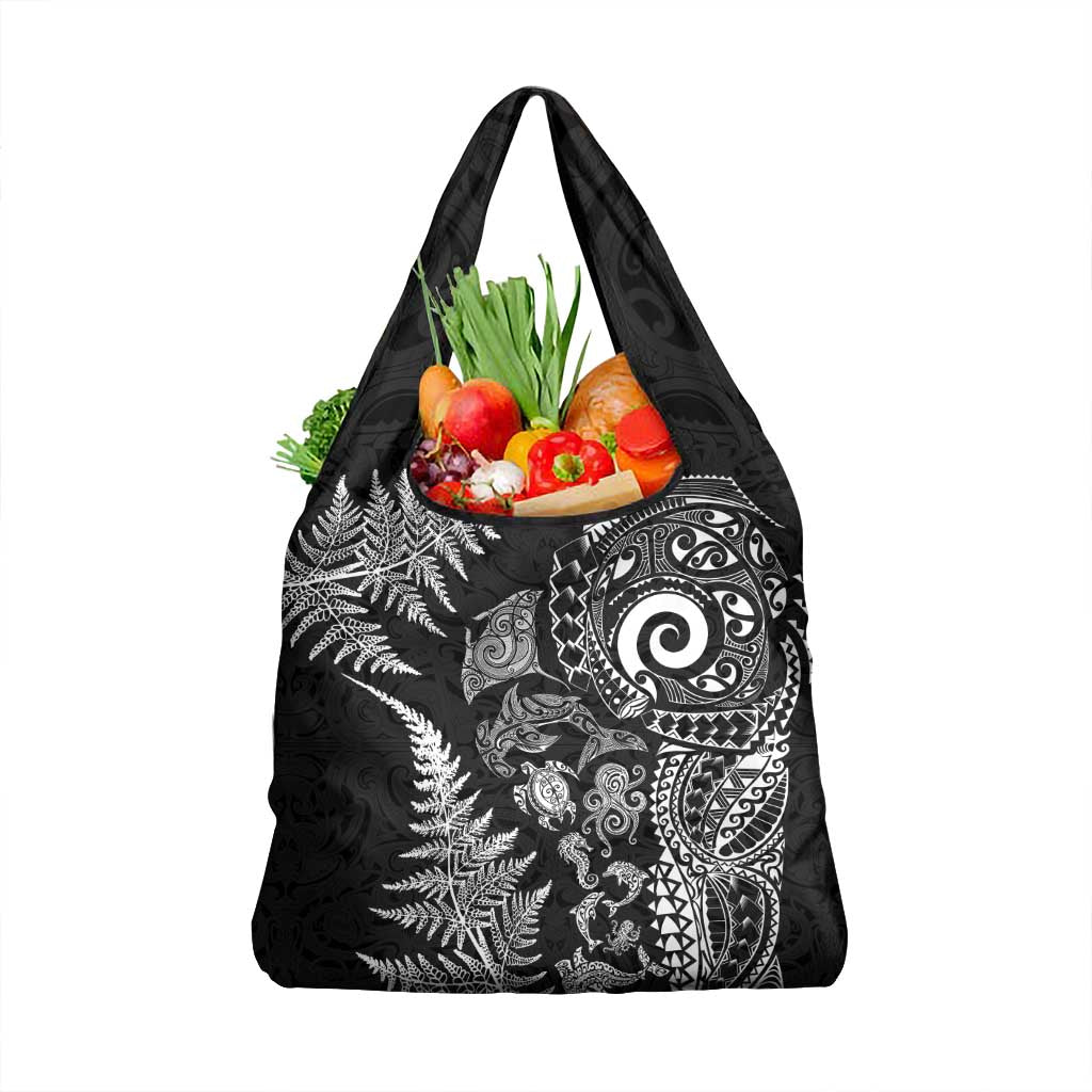 New Zealand Sea Animals Grocery Bag with Maori Koru Tribal Tattoo and Silver Ferns Black Color LT03 1-pack One Size Black - Polynesian Pride