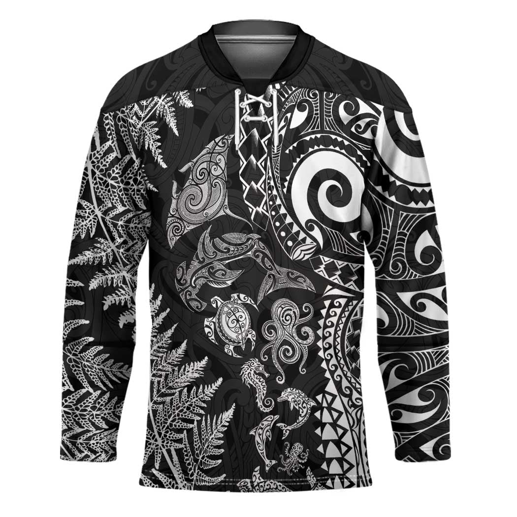 New Zealand Sea Animals Hockey Jersey with Maori Koru Tribal Tattoo and Silver Ferns Black Color LT03 Unisex Black - Polynesian Pride