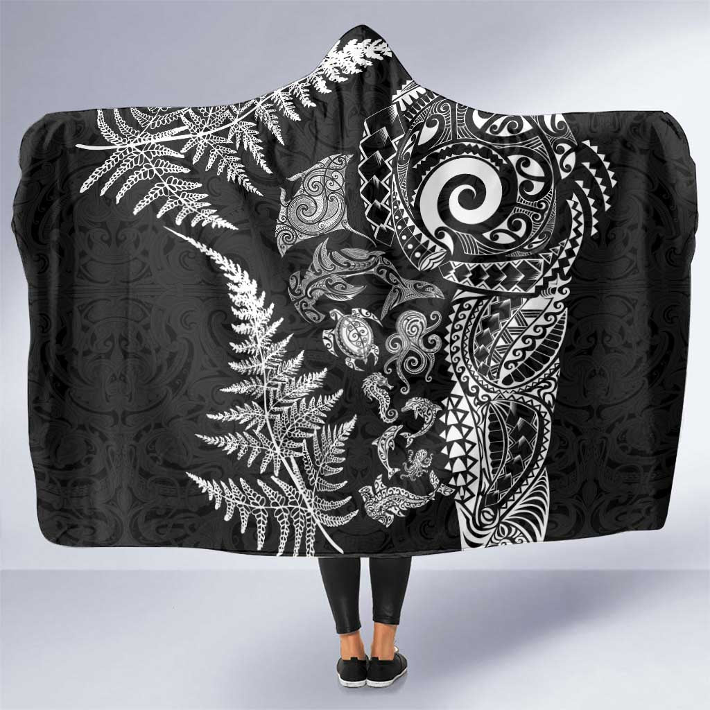New Zealand Sea Animals Hooded Blanket with Maori Koru Tribal Tattoo and Silver Ferns Black Color LT03 One Size Black - Polynesian Pride
