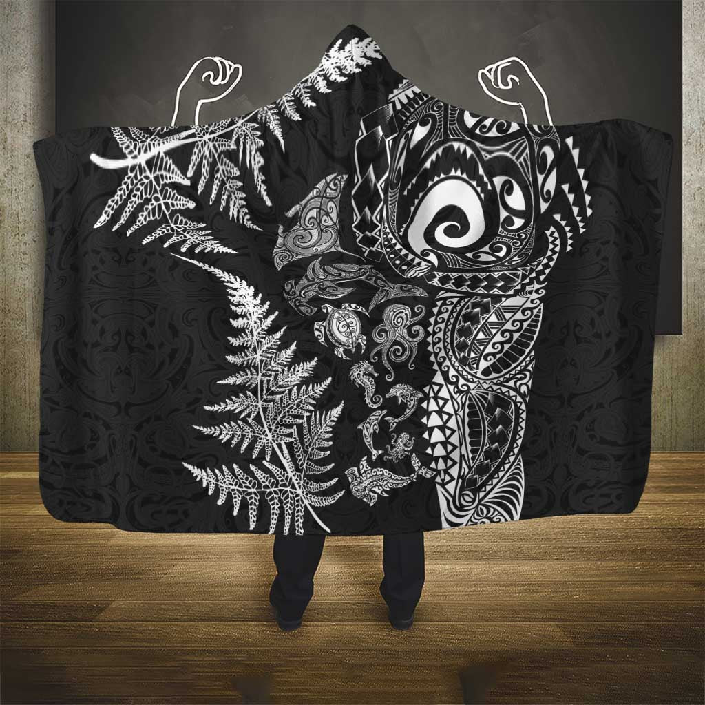 New Zealand Sea Animals Hooded Blanket with Maori Koru Tribal Tattoo and Silver Ferns Black Color LT03 - Polynesian Pride