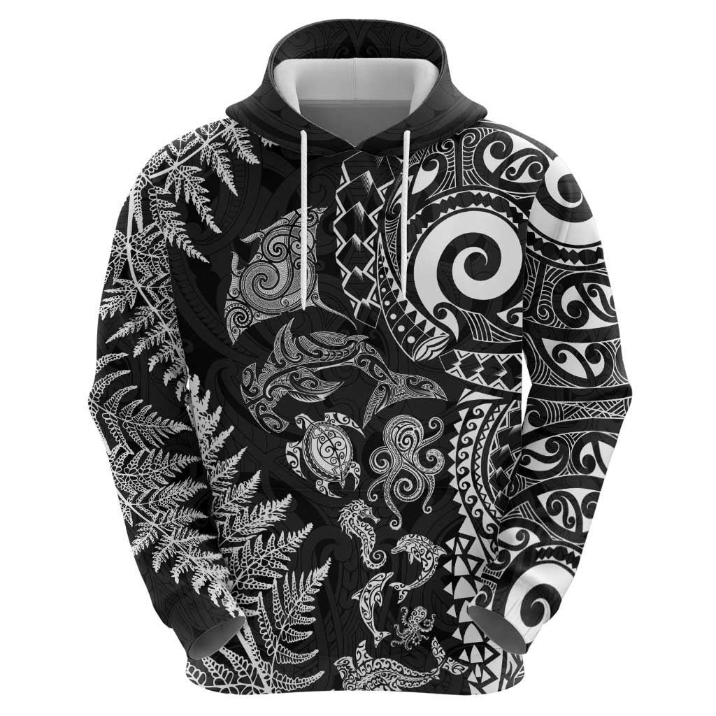 New Zealand Sea Animals Hoodie with Maori Koru Tribal Tattoo and Silver Ferns Black Color LT03 - Polynesian Pride
