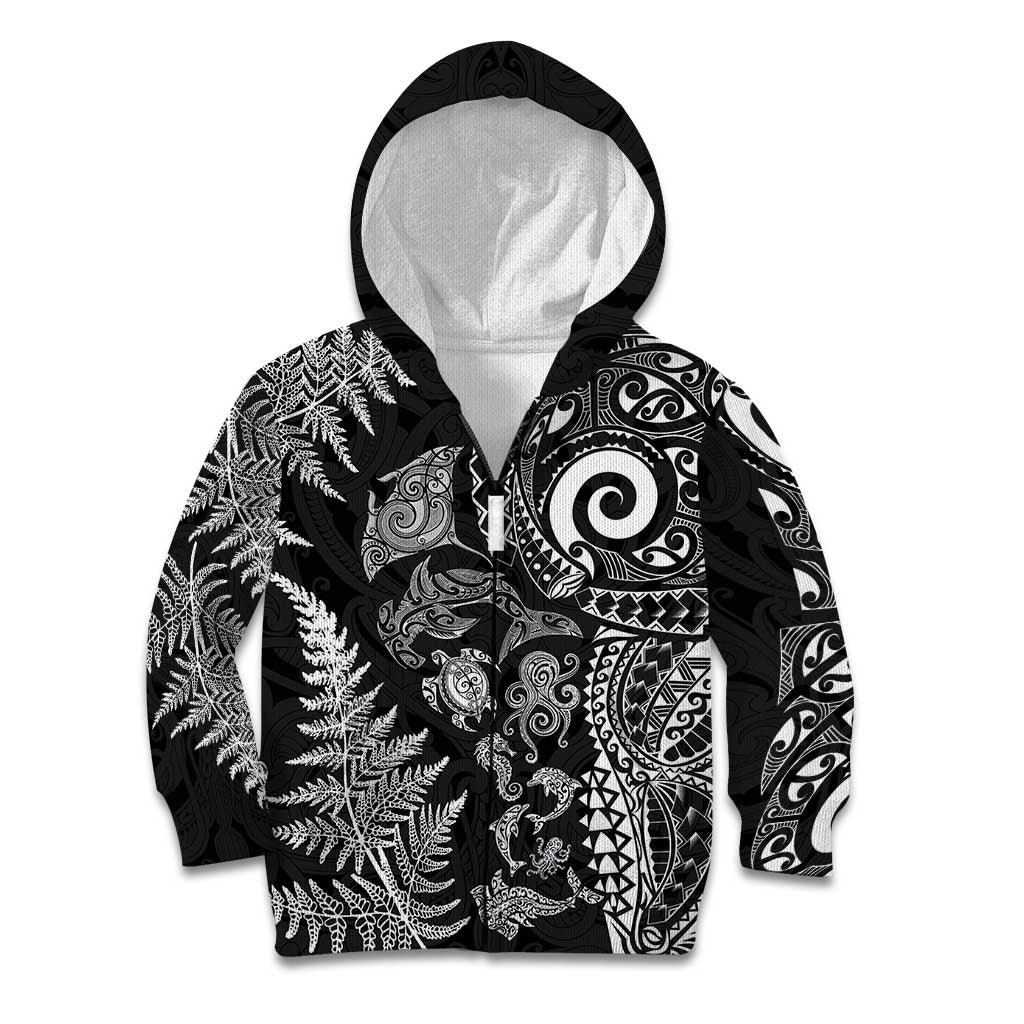 New Zealand Sea Animals Kid Hoodie with Maori Koru Tribal Tattoo and Silver Ferns Black Color LT03 Zip Hoodie Black - Polynesian Pride