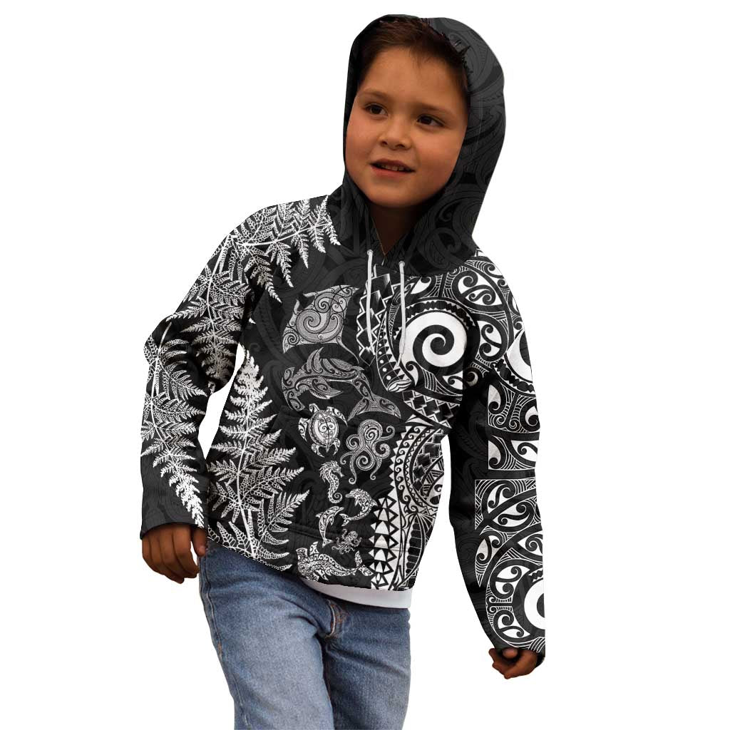 New Zealand Sea Animals Kid Hoodie with Maori Koru Tribal Tattoo and Silver Ferns Black Color LT03 - Polynesian Pride