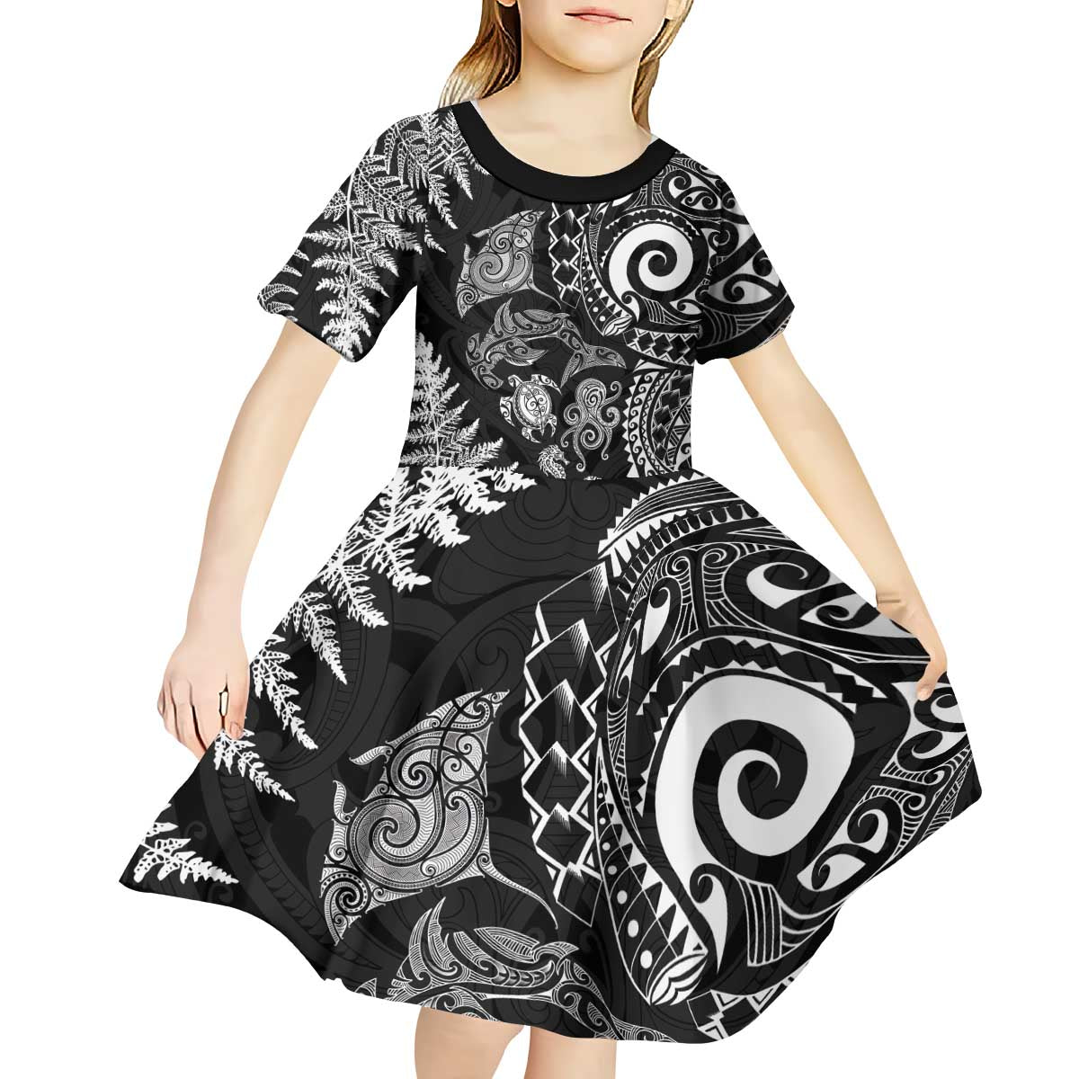 New Zealand Sea Animals Kid Short Sleeve Dress with Maori Koru Tribal Tattoo and Silver Ferns Black Color LT03 - Polynesian Pride