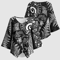 New Zealand Sea Animals Kimono Sleeve Blouse with Maori Koru Tribal Tattoo and Silver Ferns Black Color LT03 - Polynesian Pride