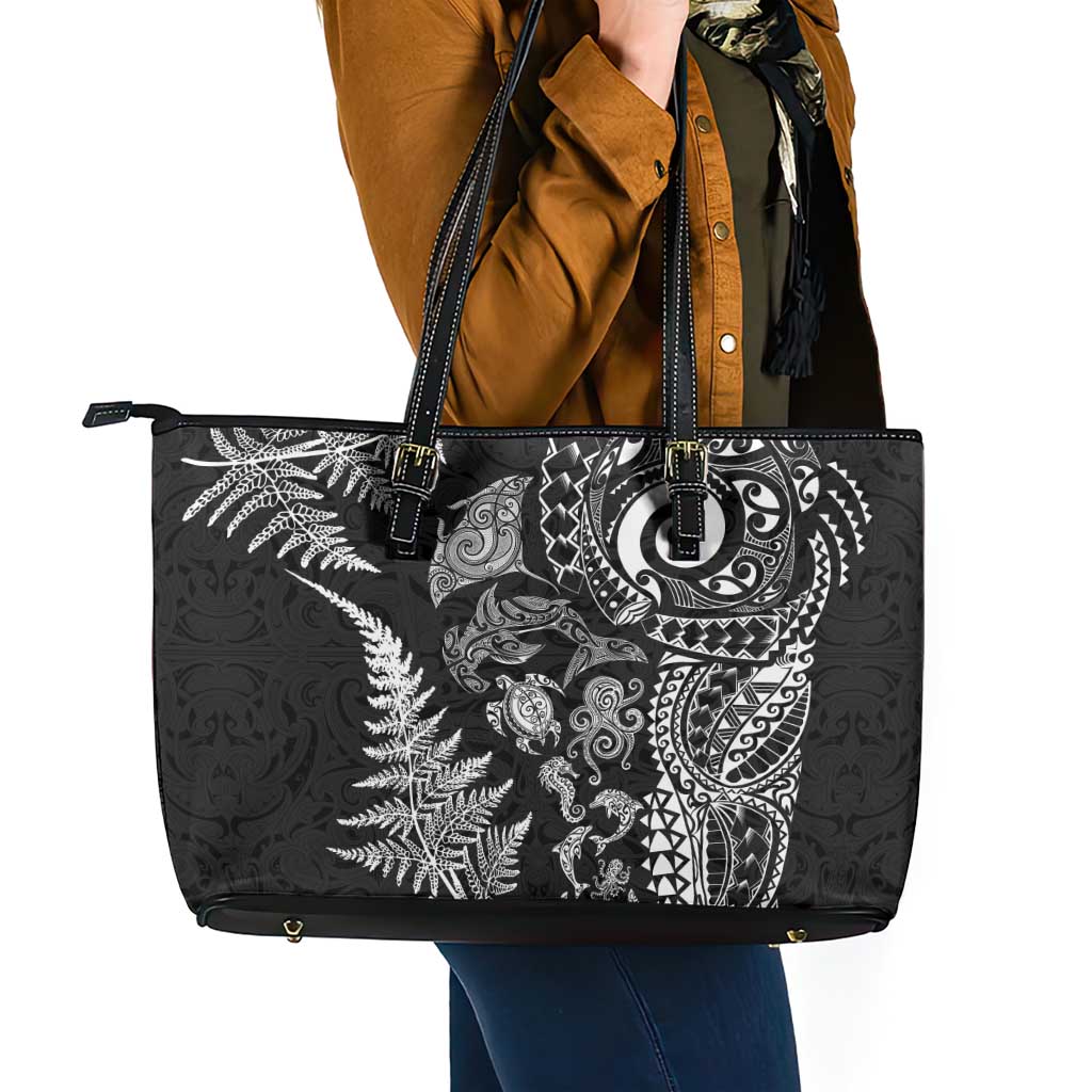 New Zealand Sea Animals Leather Tote Bag with Maori Koru Tribal Tattoo and Silver Ferns Black Color LT03 - Polynesian Pride