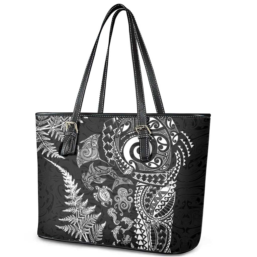 New Zealand Sea Animals Leather Tote Bag with Maori Koru Tribal Tattoo and Silver Ferns Black Color LT03 - Polynesian Pride