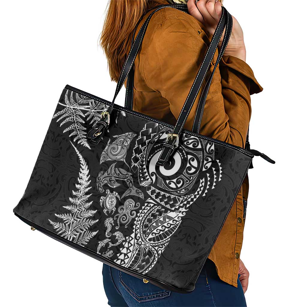 New Zealand Sea Animals Leather Tote Bag with Maori Koru Tribal Tattoo and Silver Ferns Black Color LT03 - Polynesian Pride