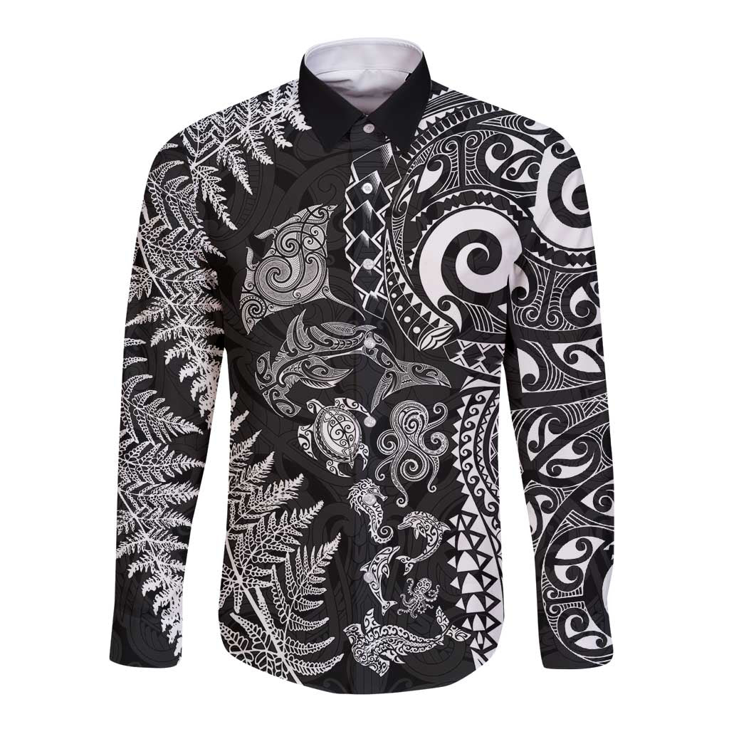 New Zealand Sea Animals Long Sleeve Button Shirt with Maori Koru Tribal Tattoo and Silver Ferns Black Color LT03 Unisex Black - Polynesian Pride