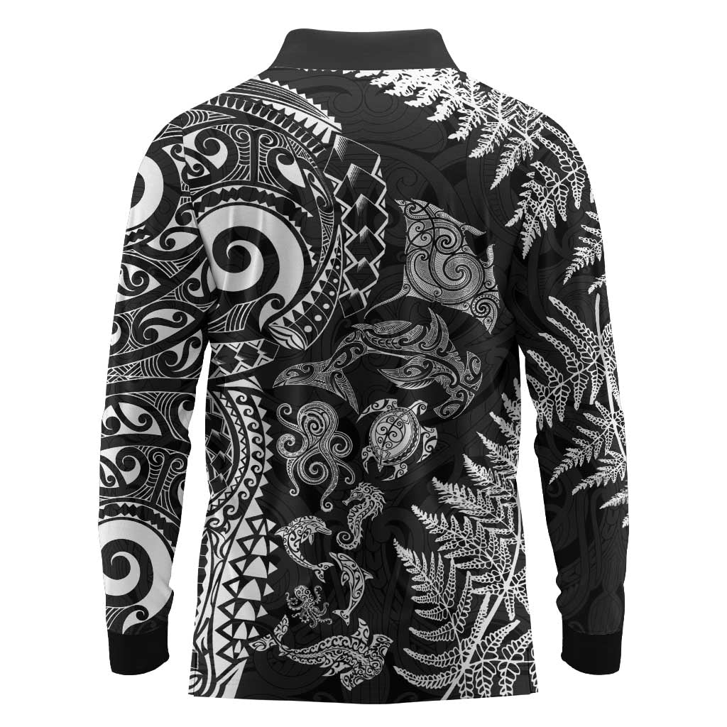 New Zealand Sea Animals Long Sleeve Polo Shirt with Maori Koru Tribal Tattoo and Silver Ferns Black Color LT03 - Polynesian Pride