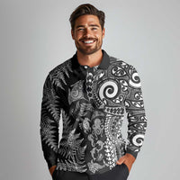 New Zealand Sea Animals Long Sleeve Polo Shirt with Maori Koru Tribal Tattoo and Silver Ferns Black Color LT03 - Polynesian Pride