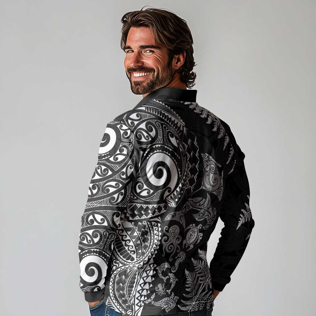 New Zealand Sea Animals Long Sleeve Polo Shirt with Maori Koru Tribal Tattoo and Silver Ferns Black Color LT03 - Polynesian Pride