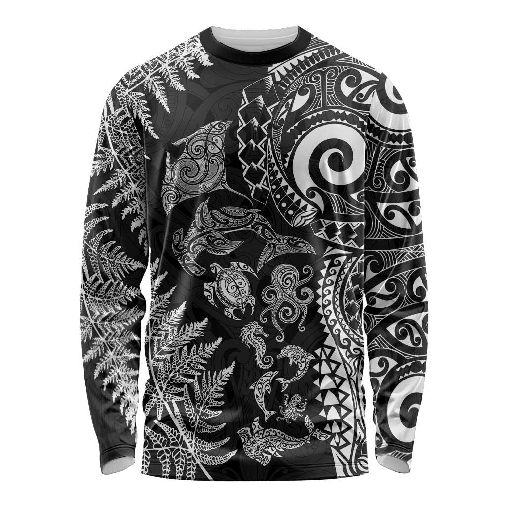 New Zealand Sea Animals Long Sleeve Shirt with Maori Koru Tribal Tattoo and Silver Ferns Black Color