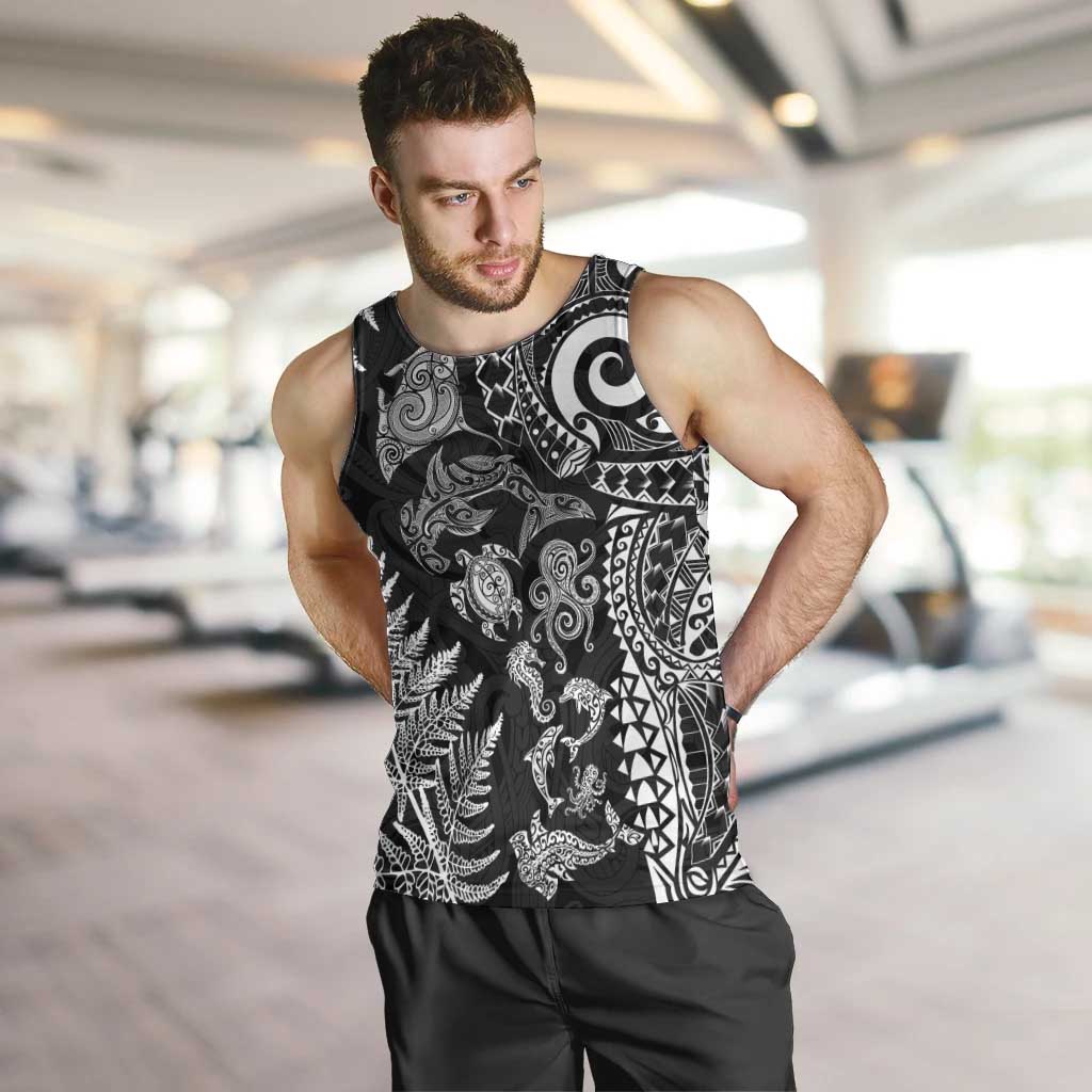 New Zealand Sea Animals Men Tank Top with Maori Koru Tribal Tattoo and Silver Ferns Black Color LT03 Black - Polynesian Pride