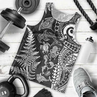 New Zealand Sea Animals Men Tank Top with Maori Koru Tribal Tattoo and Silver Ferns Black Color LT03 - Polynesian Pride