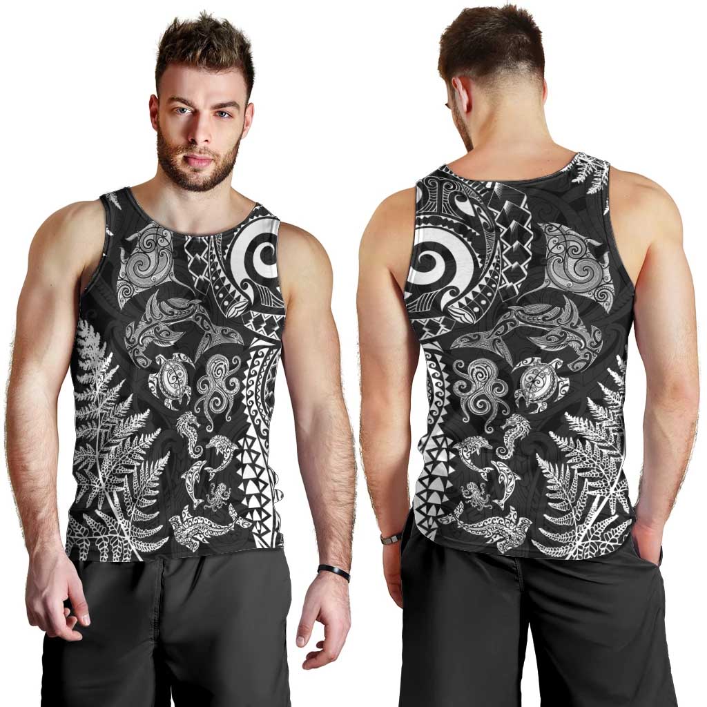 New Zealand Sea Animals Men Tank Top with Maori Koru Tribal Tattoo and Silver Ferns Black Color LT03 - Polynesian Pride