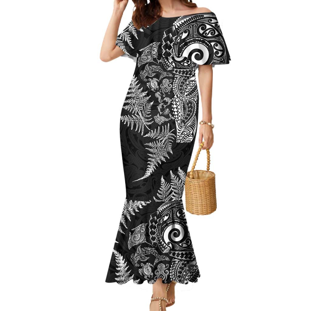 New Zealand Sea Animals Mermaid Dress with Maori Koru Tribal Tattoo and Silver Ferns Black Color LT03 Women Black - Polynesian Pride