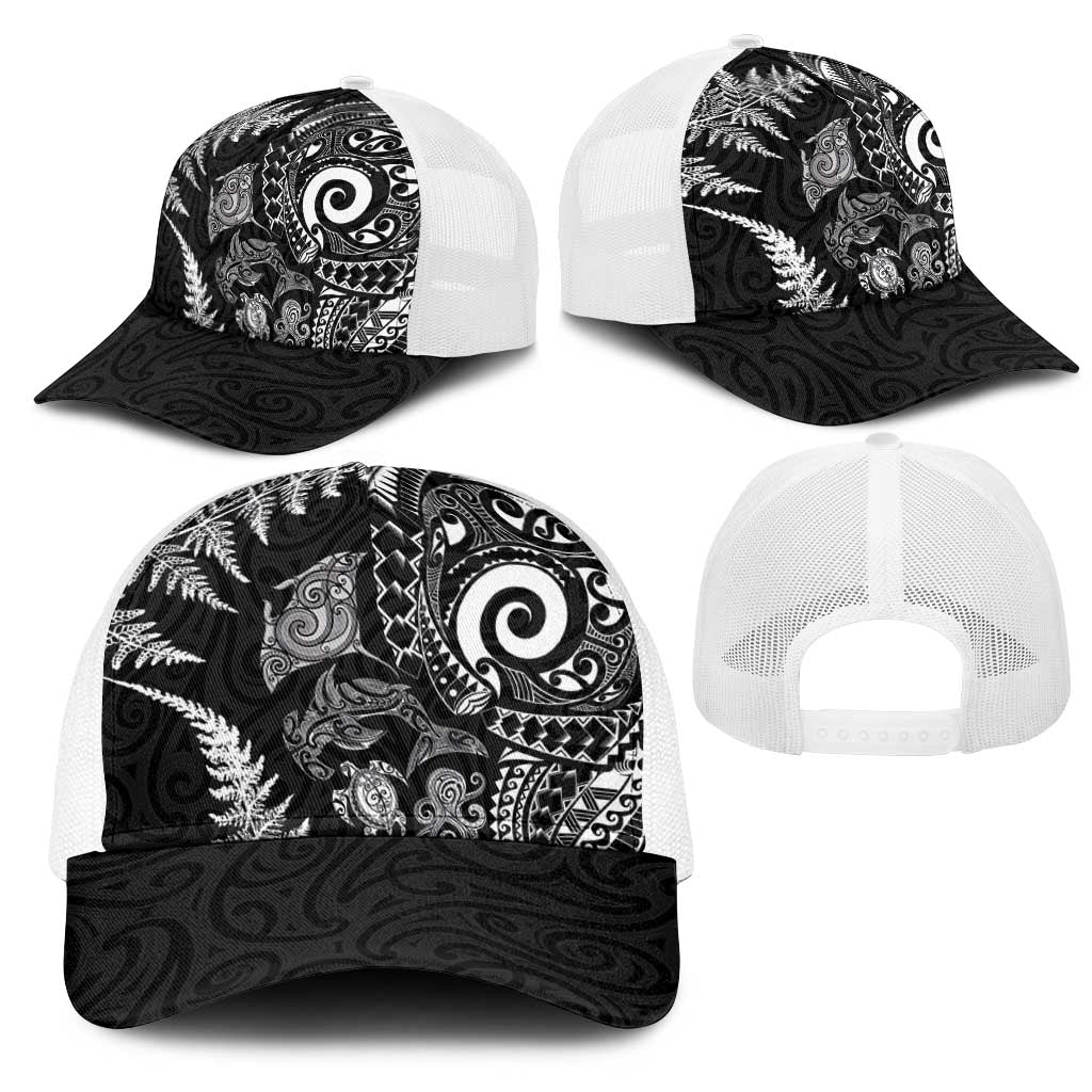 New Zealand Sea Animals Mesh Trucker Cap with Maori Koru Tribal Tattoo and Silver Ferns Black Color LT03 - Polynesian Pride