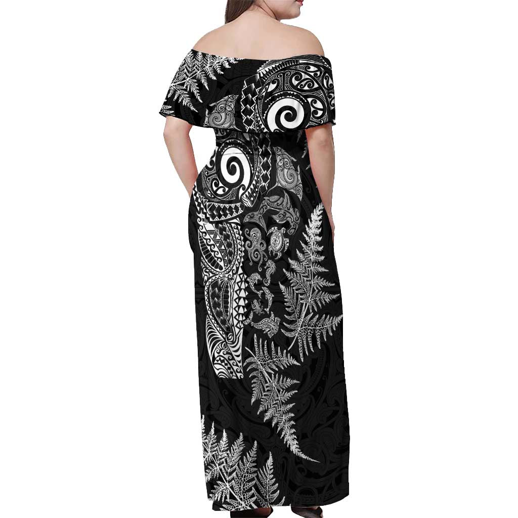 New Zealand Sea Animals Off Shoulder Maxi Dress with Maori Koru Tribal Tattoo and Silver Ferns Black Color LT03 - Polynesian Pride