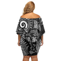 New Zealand Sea Animals Off Shoulder Short Dress with Maori Koru Tribal Tattoo and Silver Ferns Black Color LT03 - Polynesian Pride