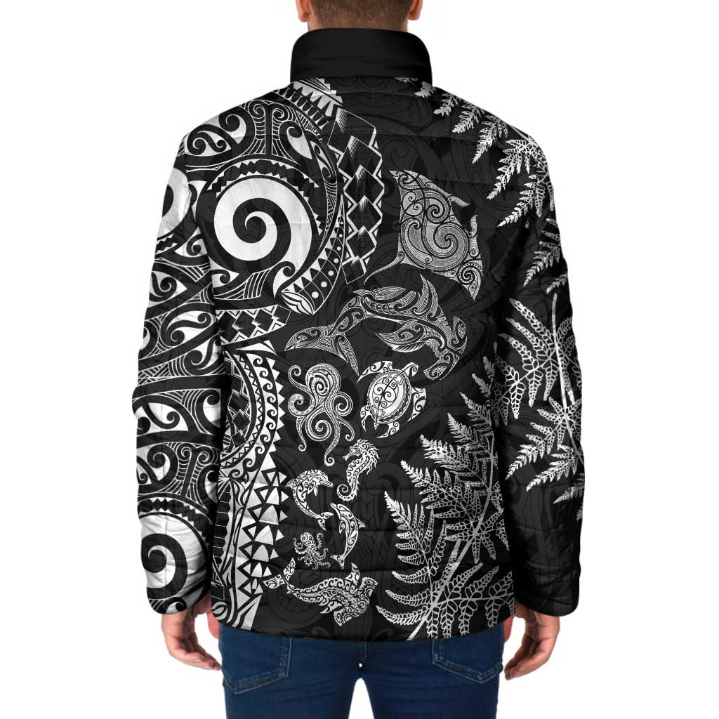 New Zealand Sea Animals Padded Jacket with Maori Koru Tribal Tattoo and Silver Ferns Black Color LT03 - Polynesian Pride