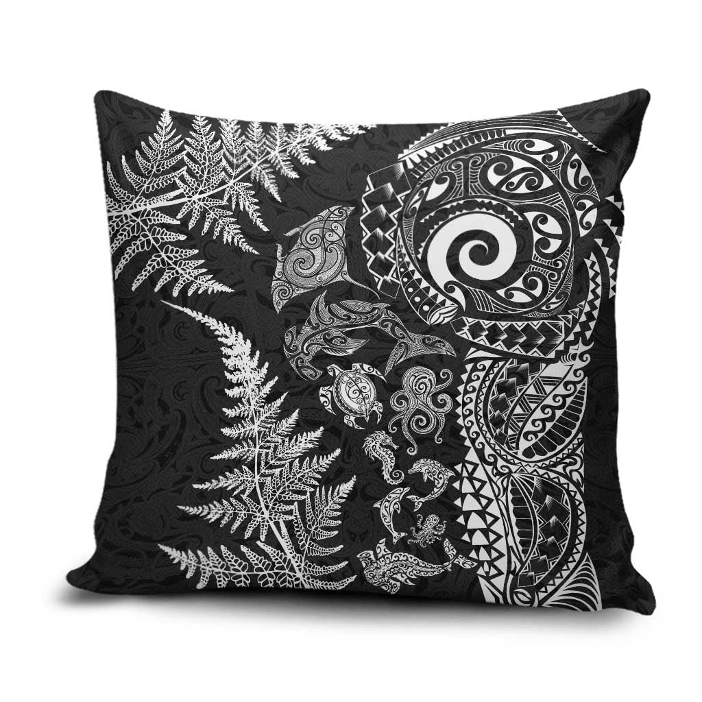 New Zealand Sea Animals Pillow Cover with Maori Koru Tribal Tattoo and Silver Ferns Black Color
