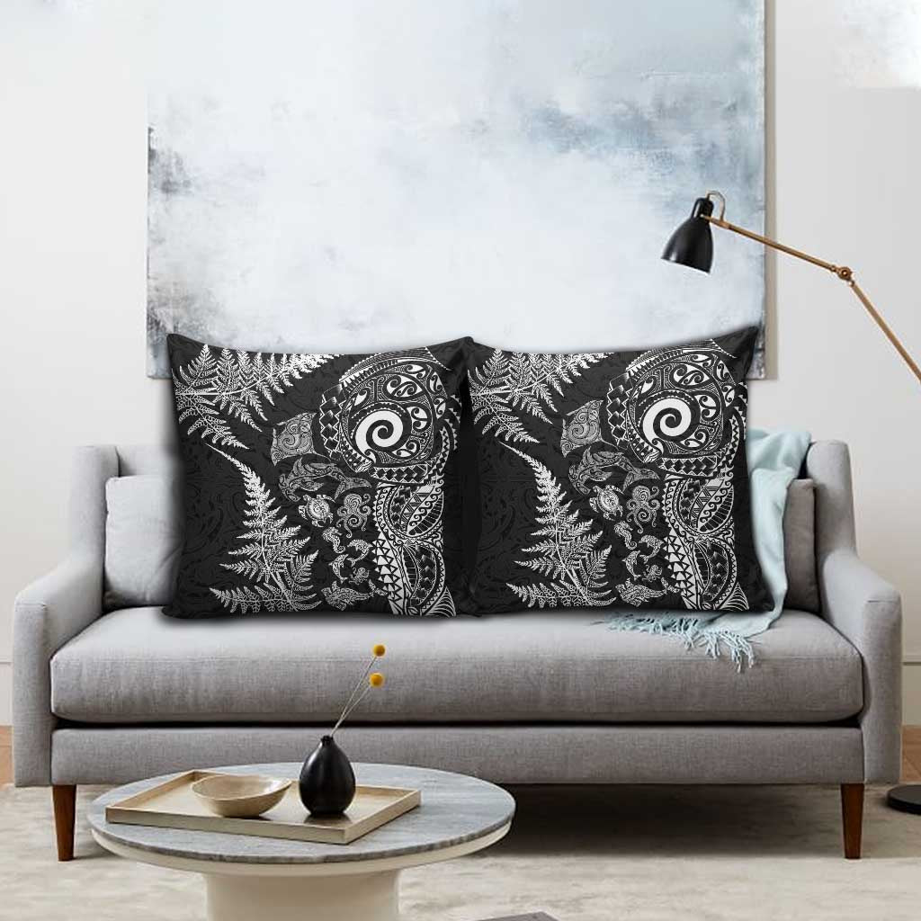 New Zealand Sea Animals Pillow Cover with Maori Koru Tribal Tattoo and Silver Ferns Black Color LT03 - Polynesian Pride