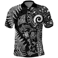 New Zealand Sea Animals Polo Shirt with Maori Koru Tribal Tattoo and Silver Ferns Black Color LT03 Black - Polynesian Pride