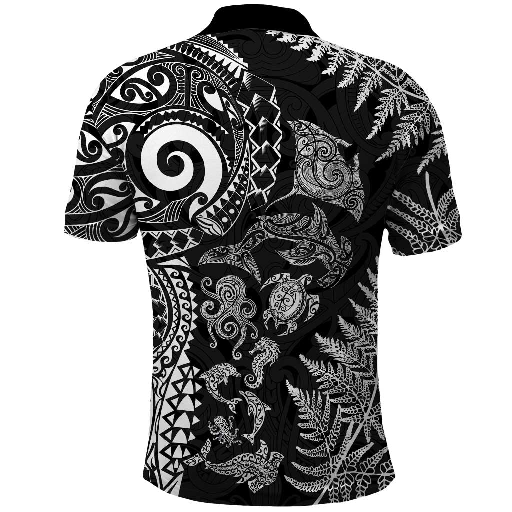 New Zealand Sea Animals Polo Shirt with Maori Koru Tribal Tattoo and Silver Ferns Black Color LT03 - Polynesian Pride