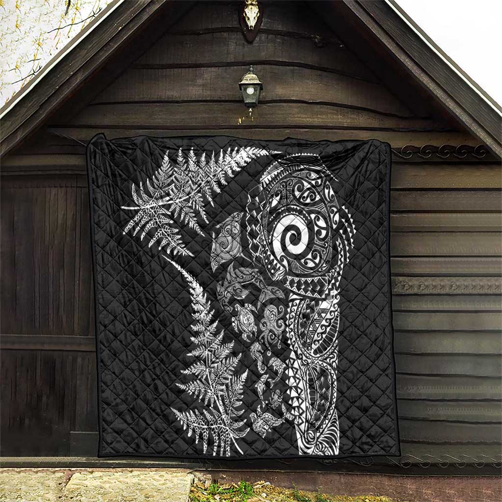New Zealand Sea Animals Quilt with Maori Koru Tribal Tattoo and Silver Ferns Black Color LT03 - Polynesian Pride