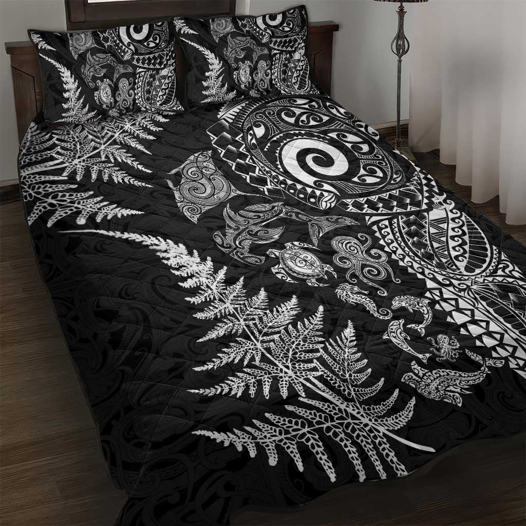 New Zealand Sea Animals Quilt Bed Set with Maori Koru Tribal Tattoo and Silver Ferns Black Color LT03 Black - Polynesian Pride
