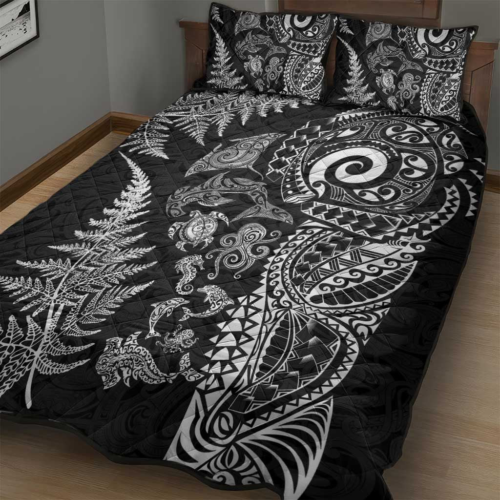 New Zealand Sea Animals Quilt Bed Set with Maori Koru Tribal Tattoo and Silver Ferns Black Color LT03 - Polynesian Pride