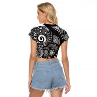 New Zealand Sea Animals Raglan Cropped T Shirt with Maori Koru Tribal Tattoo and Silver Ferns Black Color LT03 - Polynesian Pride