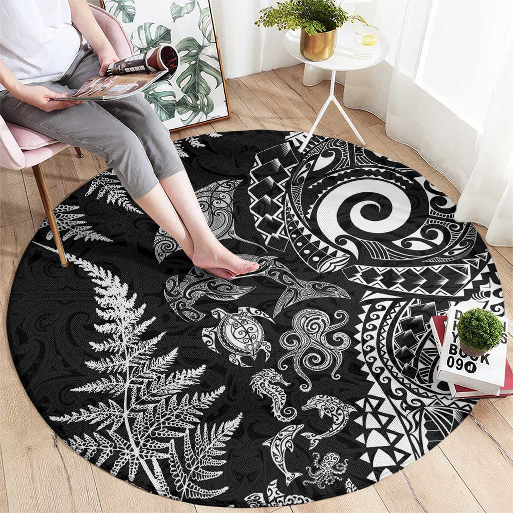 New Zealand Sea Animals Round Carpet with Maori Koru Tribal Tattoo and Silver Ferns Black Color LT03 - Polynesian Pride