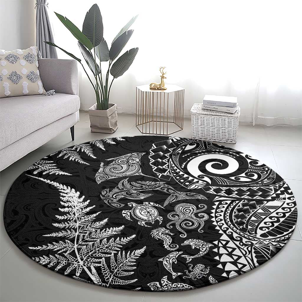 New Zealand Sea Animals Round Carpet with Maori Koru Tribal Tattoo and Silver Ferns Black Color LT03 - Polynesian Pride